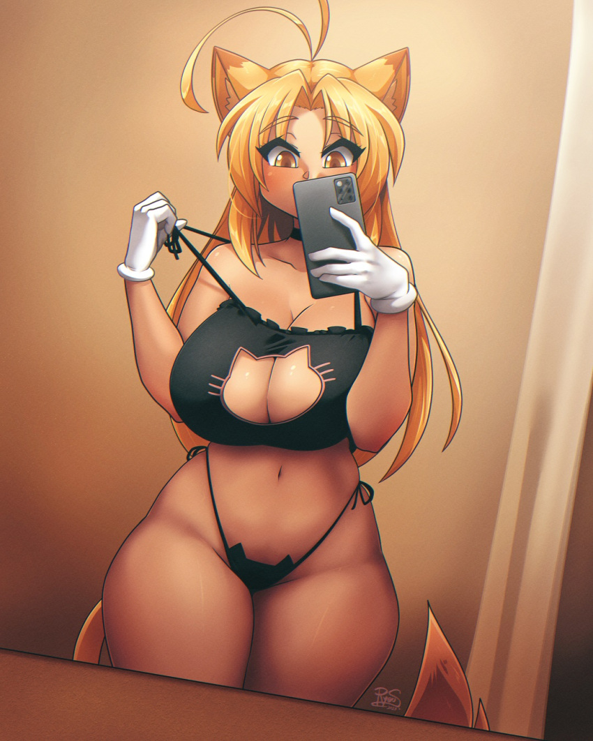 big_breasts blonde_hair boob_window bra breasts cat_ears cat_keyhole_bra cat_lingerie catgirl choker cleavage cleavage_cutout large_breasts midriff mirror_selfie orange_eyes panties ryousakai skimpy thick thick_thighs wide_hips yellow_hair