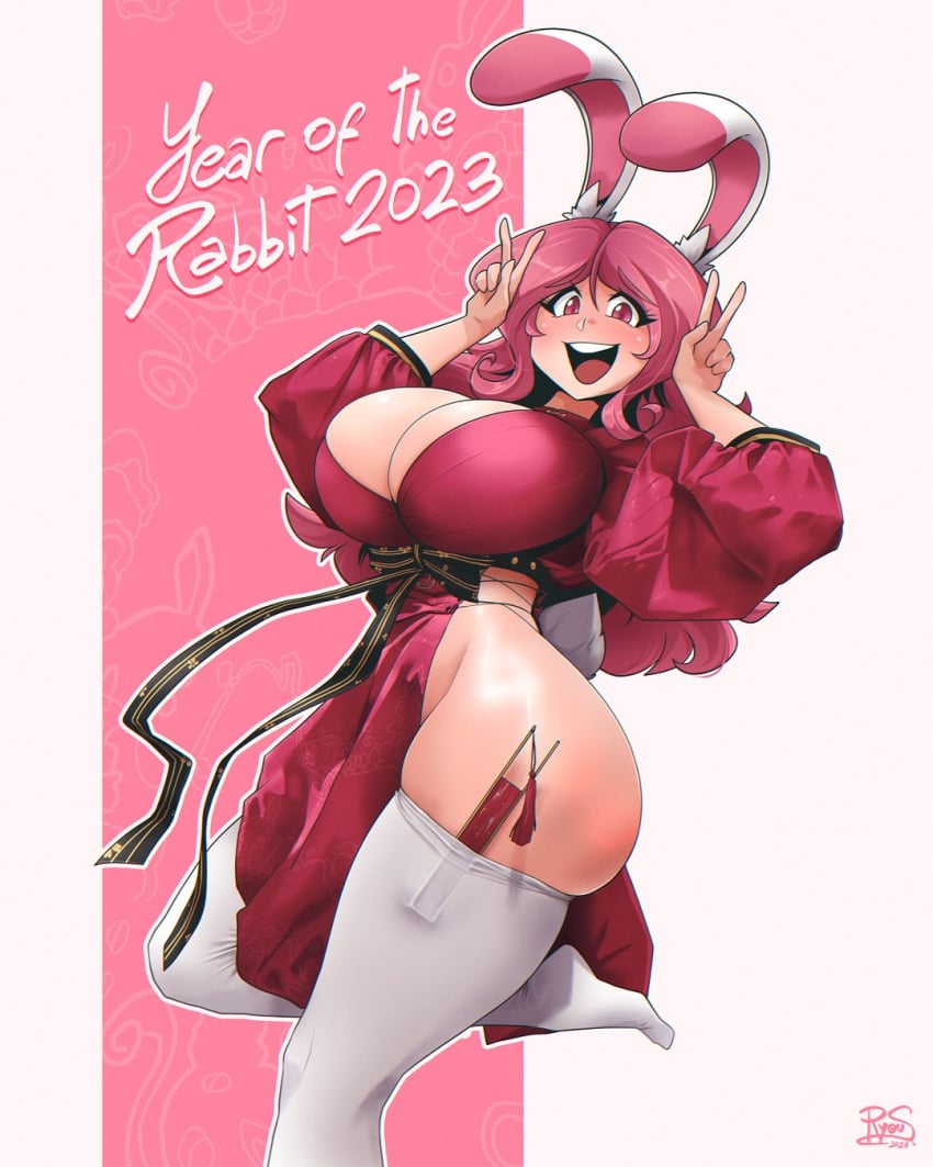 1girls big_breasts breasts bunny_ears bunny_girl cleavage cleavage_overflow dress female hourglass_figure huge_breasts large_breasts massive_breasts motta rabbit rabbit_ears rabbit_humanoid ryousakai solo solo_female thick thick_thighs thighhighs year_of_the_rabbit