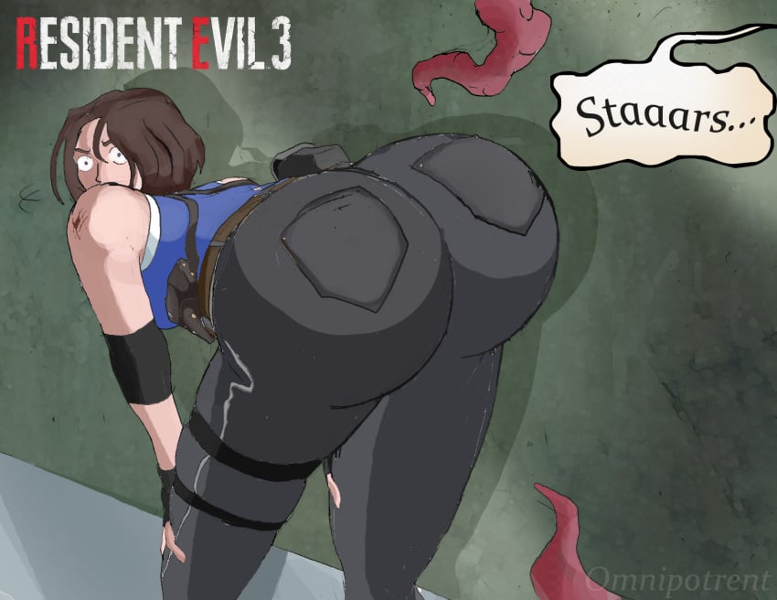 1girls ass big_ass blue_eyes brown_hair bubble_ass bubble_butt caught_off_guard fat_ass huge_ass imminent_penetration jeans jill_valentine light-skinned_female nemesis_(resident_evil) omnipotrent resident_evil resident_evil_3 resident_evil_3_remake round_ass tentacle thick_ass thick_thighs whore