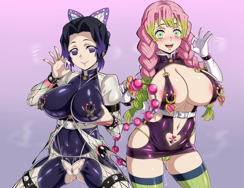 2girls anal_beads black_hair blush demon_slayer fellatio_gesture female female_only gozaru ikidumi kanroji_mitsuri kimetsu_no_yaiba kochou_shinobu large_breasts multiple_girls nipple_bulge nipple_piercing pink_hair pubic_tattoo purple_eyes purple_hair qos queen_of_spades revealing_clothes slutty_outfit spade_tattoo thong two_tone_hair wet_pussy