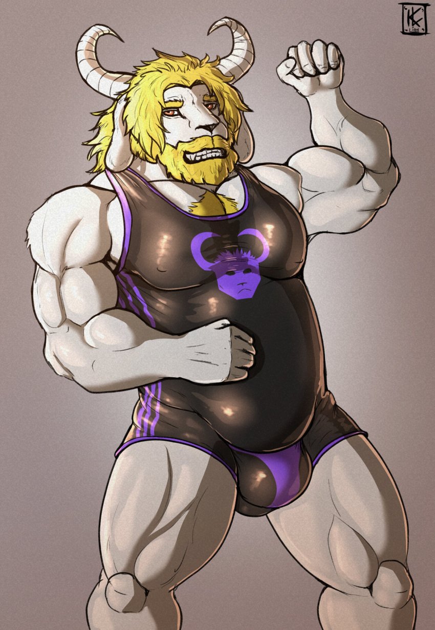 anthro asgore_dreemurr beard big_bulge blonde_hair bovid bulge caprine chest_tuft clothing facial_hair flexing flexing_bicep fur goat gradient_background hair hi_res horn kirlanlion leotard looking_at_viewer male male_anthro male_only mammal mature mature_anthro mature_male musclegut muscular muscular_anthro muscular_male shirt singlet smile smiling_at_viewer solo solo_male tank_top topwear tuft undertale undertale_(series) white_body white_fur yellow_eyes