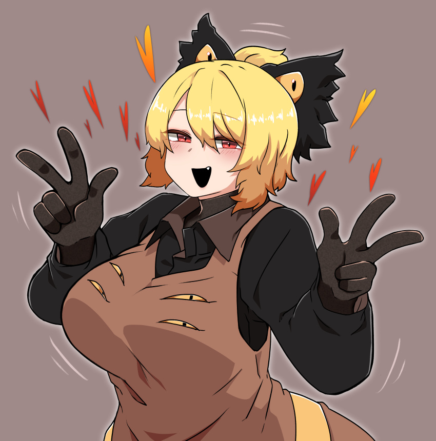 absurdres black_bow black_gloves black_shirt blonde_hair blush bow breasts brown_background brown_dress commentary_request cowboy_shot cute_fang double_w dress fang female gloves hair_between_eyes hair_bun hairbow heart highres kurodani_yamame large_breasts long_sleeves looking_at_viewer multi_eye open_mouth pinafore_dress red_eyes ribbon rinyamame shirt short_hair simple_background sleeveless_dress smile solo touhou w yellow_ribbon