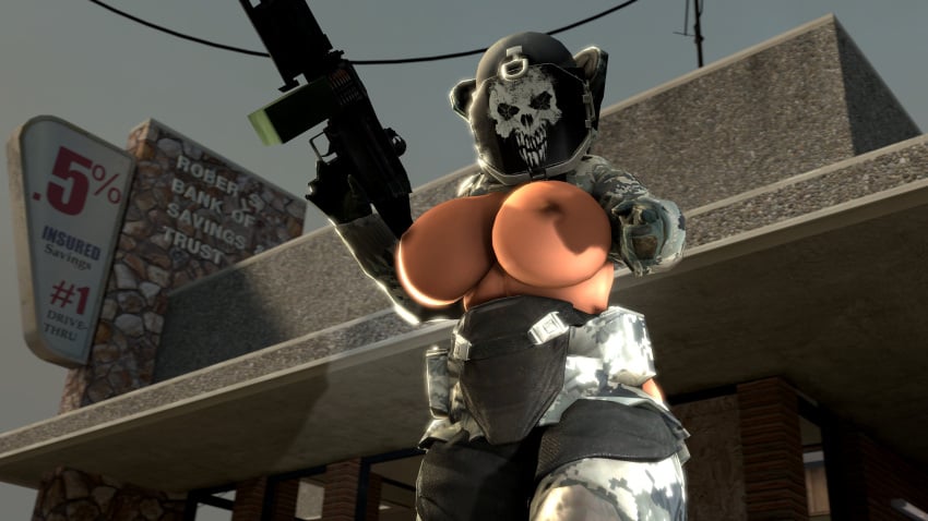 1girls 3d bank big_breasts bulldozer_(payday_2) gun payday payday_(series) payday_2 sfmdemon skull