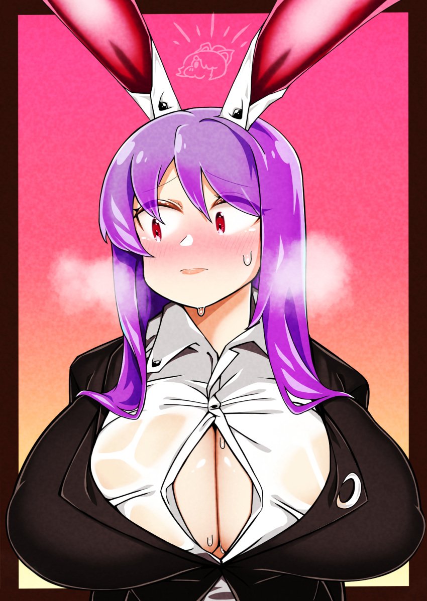 animal_ears black_jacket blazer blush breasts breath button_gap buttons cleavage closed_mouth collared_shirt commentary_request crescent crescent_pin embarrassed female gradient_background hair_between_eyes highres huge_breasts jacket kurodani_yamame long_hair looking_to_the_side nose_blush pink_background purple_hair rabbit_ears rabbit_girl red_eyes reisen_udongein_inaba rinyamame shirt sidelocks solo touhou upper_body white_shirt