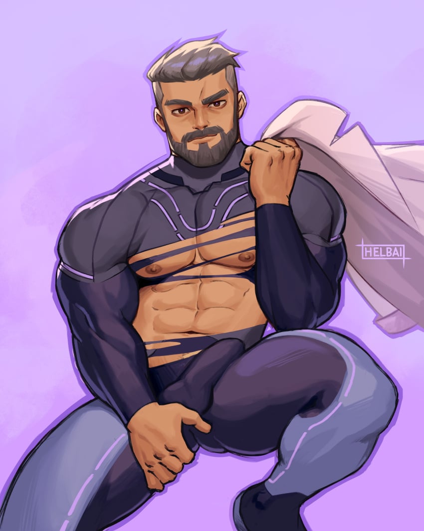 1boy 1male abs bara beard biceps bulge clothing erection erection_under_clothes facial_hair gay hairy hi_res highres looking_at_viewer male male_focus male_only muscular muscular_male nintendo nipples penis_outline pokemon pokemon_sv professor_turo ripped_clothing solo solo_male whyhelbram