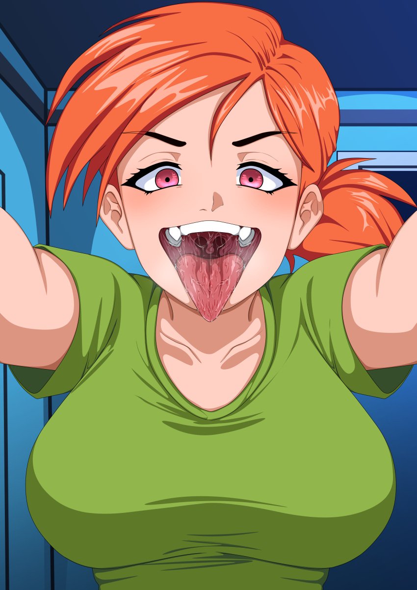 absurd_res absurdres big_breasts confettish female female_only ginger_hair grabbing_viewer green_shirt green_top hi_res high_resolution highres hot_breath imminent_vore looking_at_viewer mawshot pink_eyes ponytail pov pov_eye_contact pov_vore prey_pov saliva saliva_on_tongue solo_female the_fairly_oddparents tongue tongue_out vicky_(fairly_odd_parents) vore