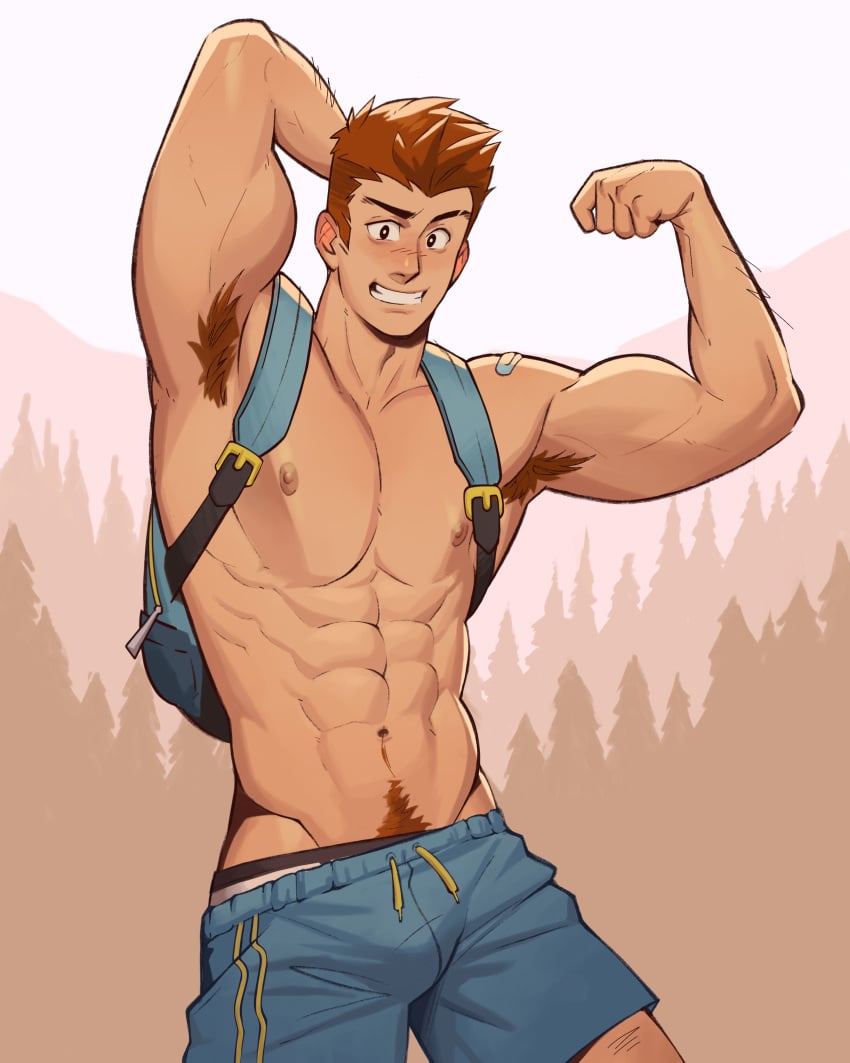 1boy 1male abs arm_behind_head armpit_hair bara biceps blush brotex bulge clothing gay hairy hairy_arms hi_res highres looking_at_viewer male male_focus male_only male_pubic_hair muscular muscular_male nipples oc solo solo_male whyhelbram yaoi