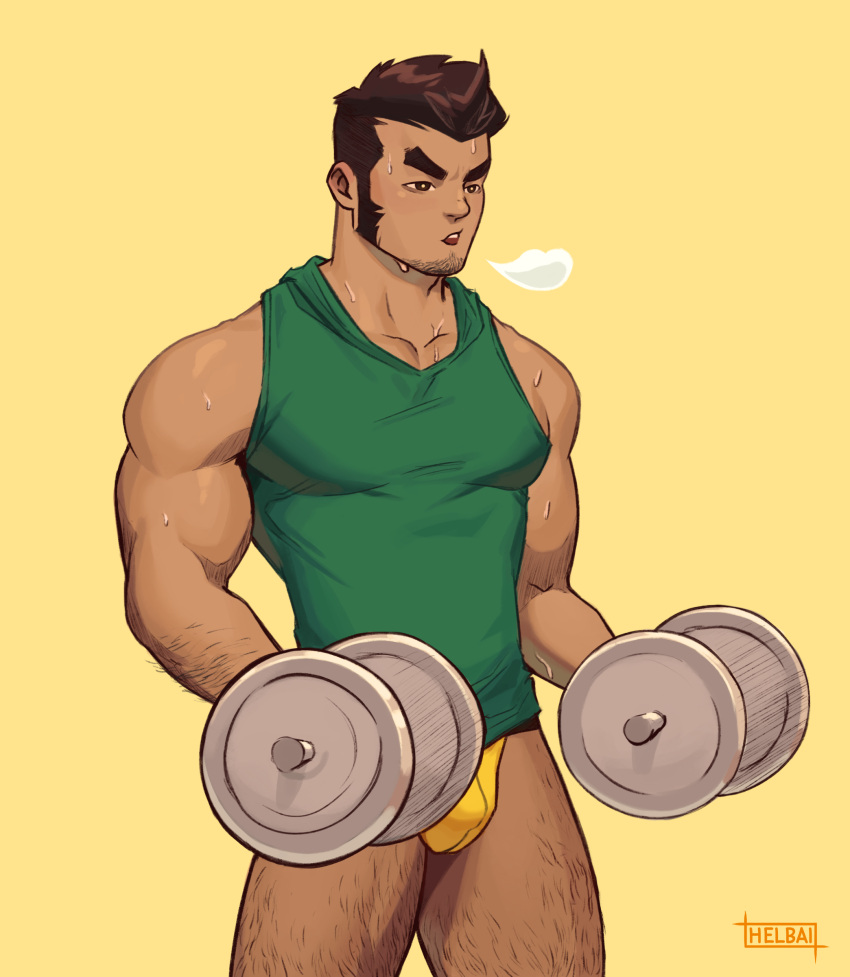 1boy 1male abs bara biceps bulge clothing facial_hair gay gio_(helbram) hairy hairy_arms hi_res highres jockstrap male male_focus male_only muscular muscular_male no_visible_genitalia solo solo_male sweat twitter_user_oc whyhelbram