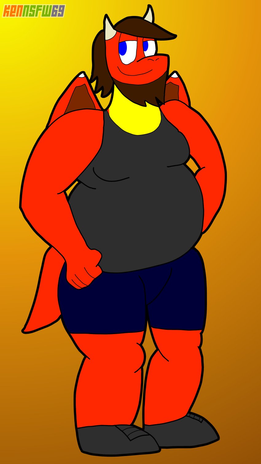 1boy beard big_belly black_shoes brown_hair chubby chubby_anthro chubby_belly chubby_male chubby_scalie dragon dragon_boy dragon_horns fat fat_man fully_clothed jean_shorts kenmazu95 male male_only musclegut muscular_male overweight overweight_anthro overweight_male red_body red_dragon red_scales rex_(kenmazu95) scalie scalie_male solo tank_top