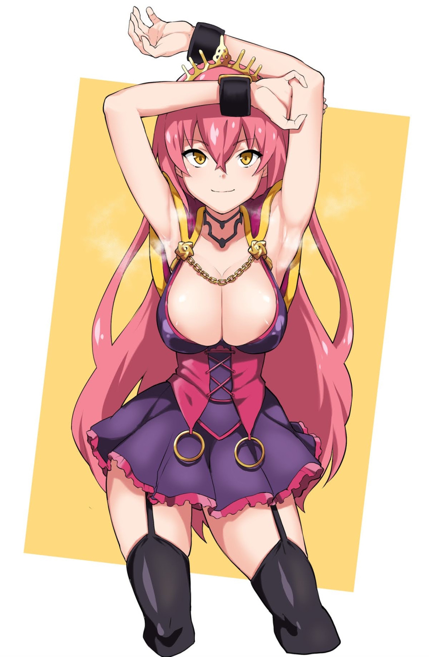 1girls areola_slip areolae armpits arms_up breasts cleavage dress female garter_straps jewelry large_breasts long_hair looking_at_viewer oda_nobunaga_(sengoku_collection) pink_hair smile solo_focus steam thighhighs tiara yellow_eyes yozo_(stanky)