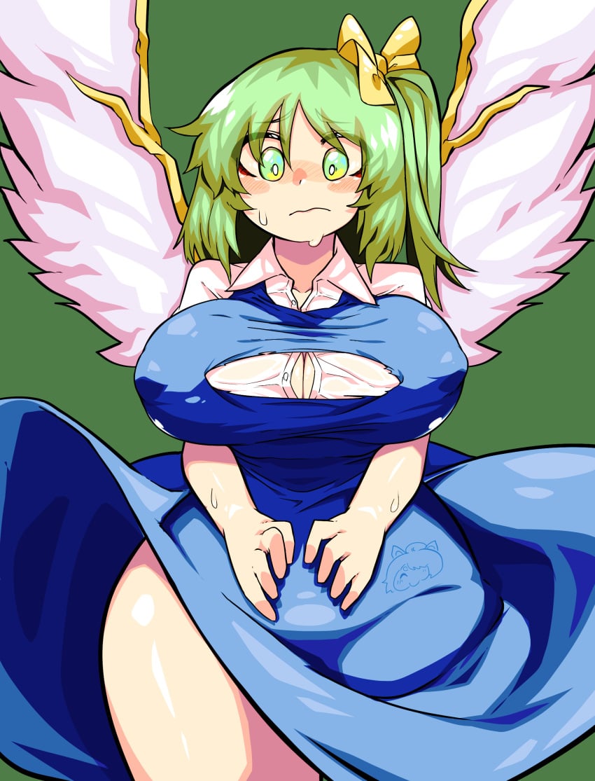 absurdres blue_dress blush bow breasts button_gap closed_mouth collared_shirt commentary_request covered_erect_nipples cowboy_shot daiyousei dress fairy_wings female green_background green_eyes green_hair hairbow highres kurodani_yamame large_breasts long_hair looking_at_viewer nose_blush one_side_up pinafore_dress rinyamame shiny_skin shirt simple_background sleeveless_dress solo sweat touhou white_shirt wings yellow_bow