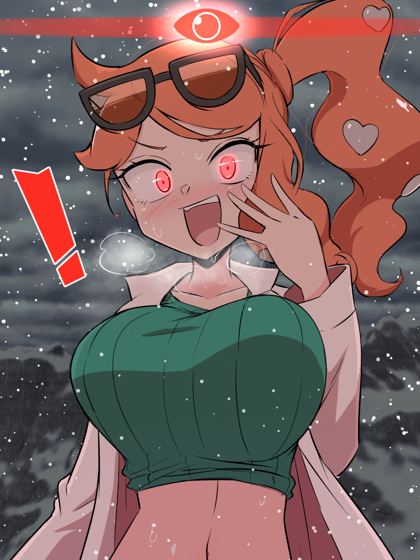 ! 1girls alpha_pok&eacute;mon alpha_pokegirl big_breasts breasts breath glowing_eyes hi_res horny horny_female kurachi_mizuki labcoat nintendo orange_hair pokemon pokemon_ss ponytail red_eyes snow snowing solo sonia_(pokemon) steam sunglasses sunglasses_on_head sweat thirsty waist