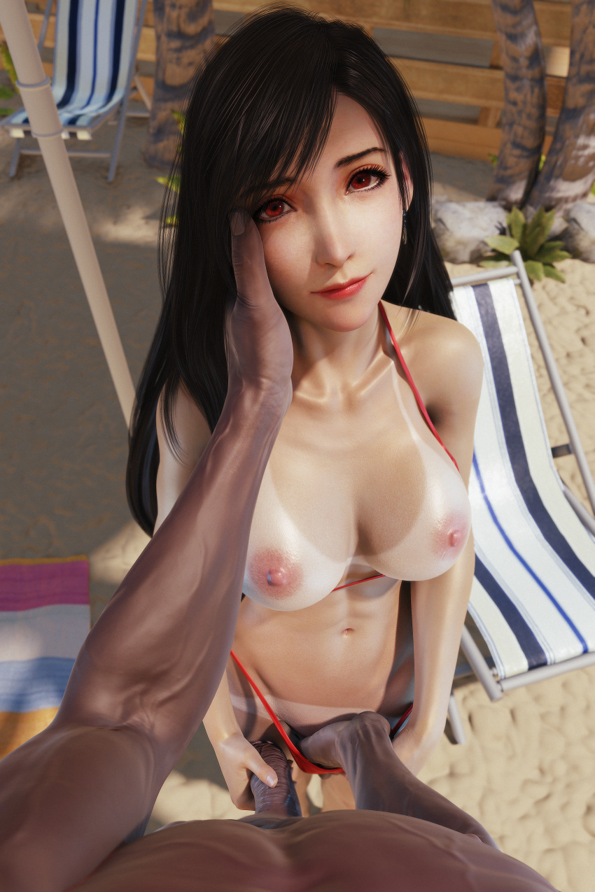 3d black_hair blender_(software) breasts dark-skinned_male final_fantasy final_fantasy_vii imminent_sex interracial large_breasts light-skinned_female long_hair looking_at_viewer male male/female penis pov red_eyes ria-neearts rude_(ff7) straight summer tan_skin tanline tifa_lockhart