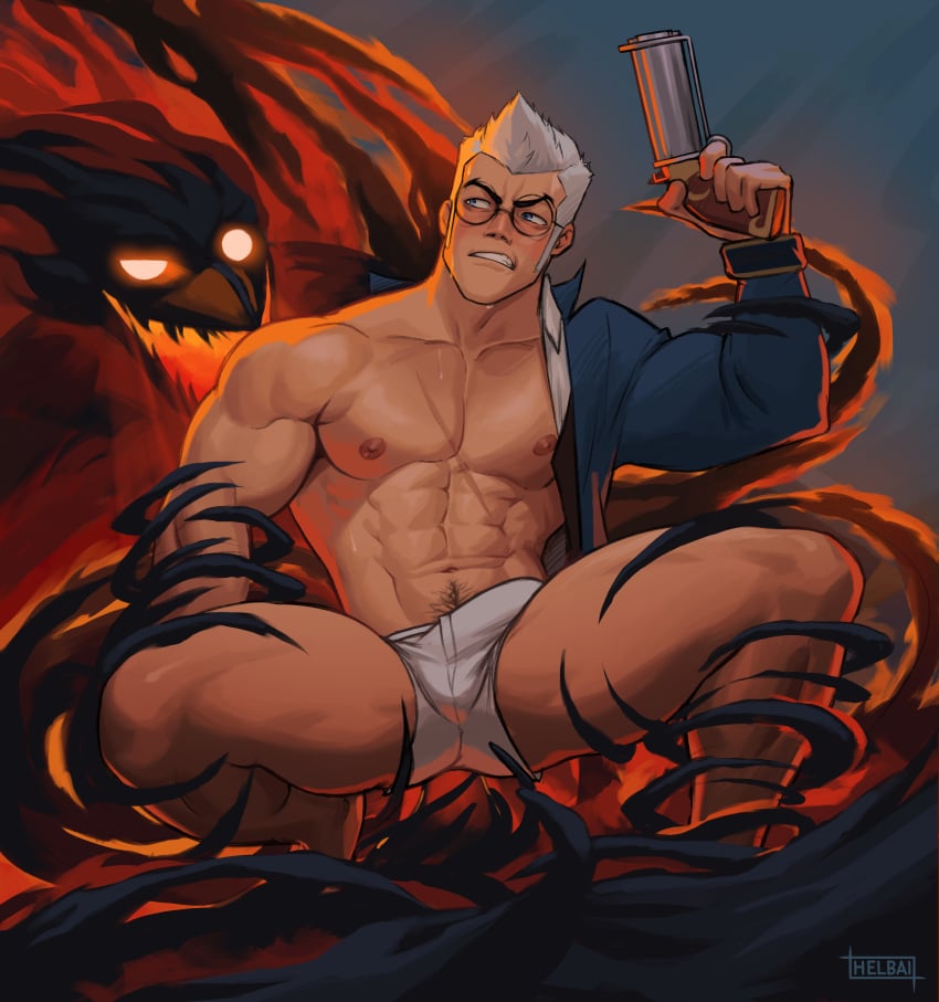 1boy 1male abs bara biceps blue_eyes blush bulge clothing critical_role critical_role:_vox_machina demon erection_under_clothes gay glasses hi_res highres male male_focus male_only male_pubic_hair muscular muscular_male nipples percival_fredrickstein_von_musel_klossowski_de_rolo_iii solo solo_male sweat taking_clothes_off the_legend_of_vox_machina underwear white_hair whyhelbram