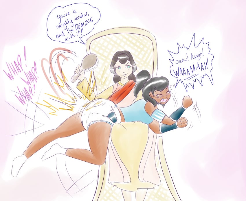 2girls abdl ageplay avatar_legends dark-skinned_female dark_skin diaper diaper_fetish english_text female korra multiple_girls over_the_knee_spanking pema rfswitched spanking speech_bubble text the_avatar the_legend_of_korra water_tribe