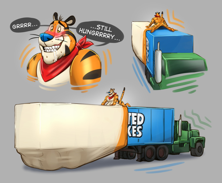 anal anal_object_insertion anal_sex anthro body_horror buff extreme_penetration felid frosted_flakes furry hi_res kellogg's lotolotl male mammal mascot nightmare_fuel pantherine penetration stomach_bulge tiger tony_the_tiger truck_(vehicle) vehicle vehicle_insertion