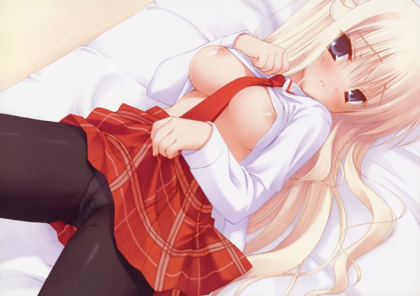 1girls bed between_breasts blonde_hair blush bra-ban! breasts cameltoe clothes_lift dot_nose female_focus game_cg hibarigaoka_yuki large_breasts lifting_own_clothes long_hair looking_at_viewer lying medium_breasts muririn necktie necktie_between_breasts no_bra on_back oppai panties pantyhose plaid_clothes plaid_skirt pleated_skirt presenting pussy_juice red_necktie school_uniform self_exposure shirt_lift skirt skirt_lift small_nipples solo spread_legs underwear wet wet_clothes wet_panties yuzusoft