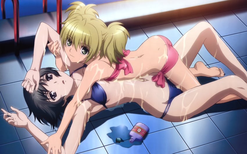 2girls bikini black_eyes black_hair blonde_hair cal_devens ein_(phantom) female green_eyes high_resolution megami_magazine mizugi multiple_girls official_art oil phantom_of_inferno pool requiem_for_the_phantom short_hair slathering wallpaper wet yamashita_yoshimitsu yuri