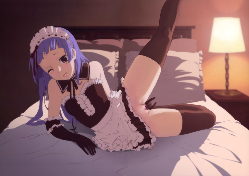 1girls :p bare_shoulders bed blue_hair clothed_masturbation clothing elbow_gloves female female_only fingering fingering_self frills gloves high_resolution kannagi leg_up lying maid masturbation nagi nude_filter one_eye_closed one_leg_raised pettanko photoshop purple_eyes pussy solo stockings thighhighs uncensored vagina vaginal_penetration wink zettai_ryouiki