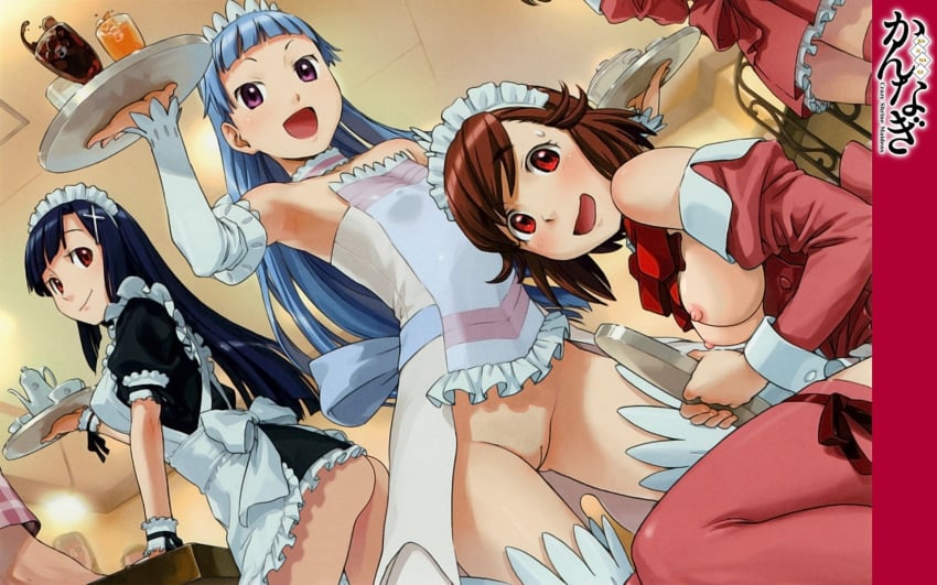 aoba_tsugumi breasts clothing cosplay dress female female_focus kannagi medium_breasts multiple_girls nagi no_panties pussy small_breasts stockings uncensored waitress zange-chan