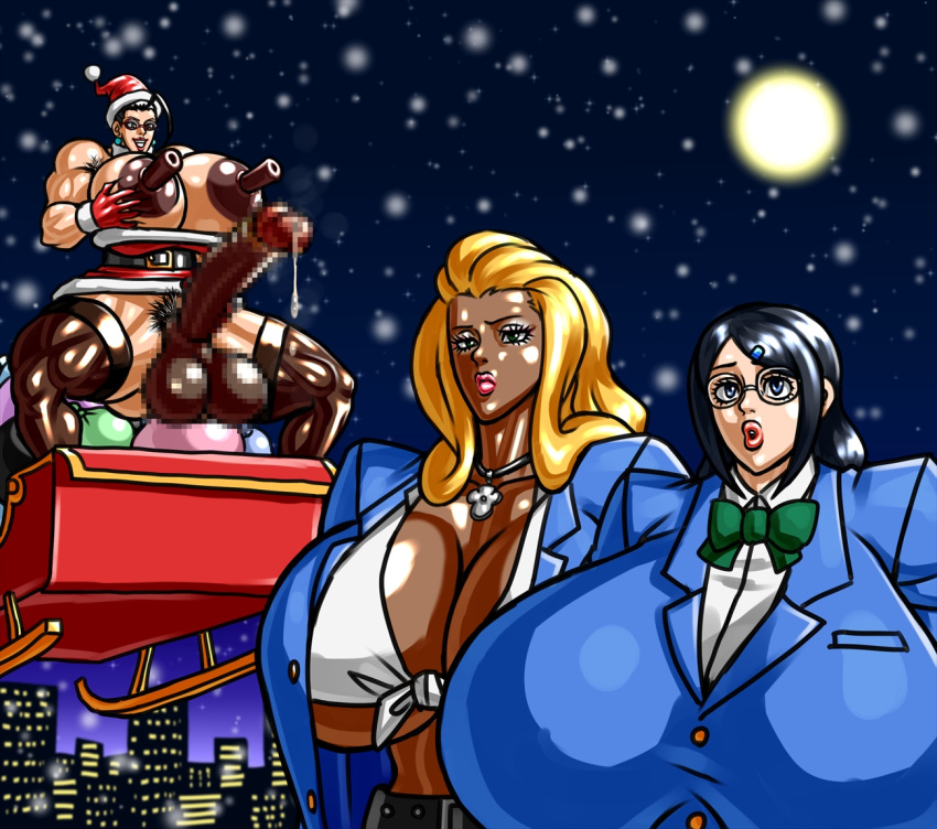 1futa 2girls alternate_version_available balls bar_censor big_breasts big_testicles black_hair blonde_female blonde_hair breasts censored christmas cleavage clothed clothing dark-skinned_female dark_penis dark_skin darkened_genitalia dickgirl erection female fully_clothed futanari giant_breasts glasses gyaru huge_balls huge_breasts huge_cock human large_breasts large_penis light-skinned_female light-skinned_futanari light_skin long_nipples massive_breasts mostly_nude negoto_(nego6) penis precum school_girl school_uniform schoolgirl sleigh testicles