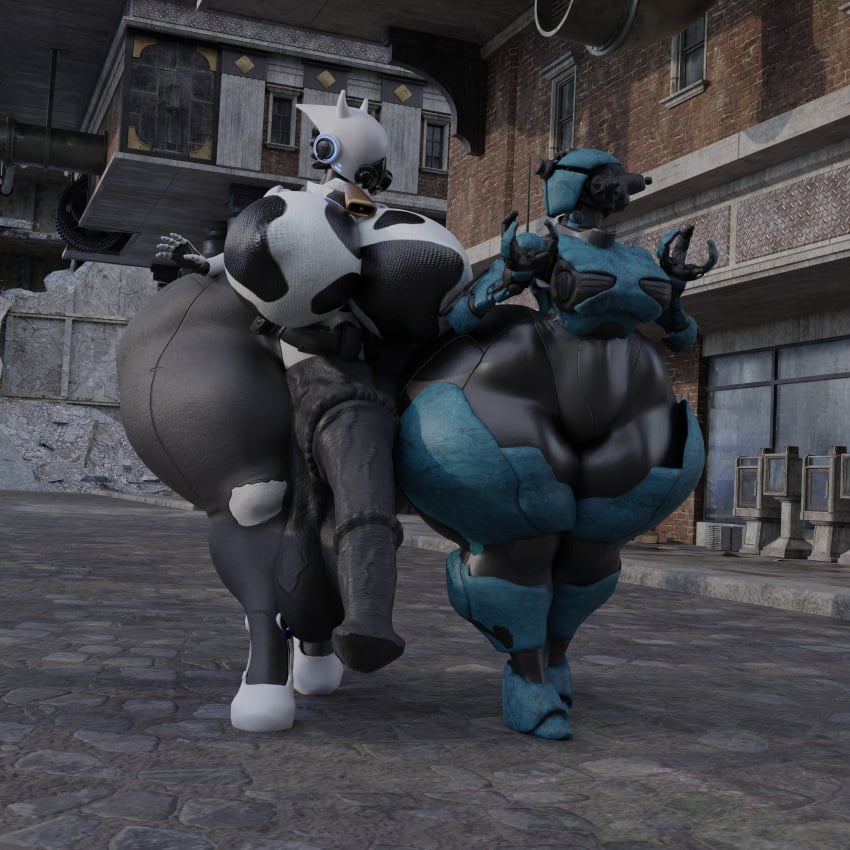 1futa 1girls 3d ada_(fallout) animal_genitalia_on_humanoid assaultron big_ass big_breasts breasts bubble_butt cow_print crossover fallout fallout_4 female futanari haydee haydee_(game) horsecock horsecock_futanari horsecock_on_humanoid huge_ass latex latex_bodysuit latex_futa latex_suit qzk_forte thick_thighs wide_hips