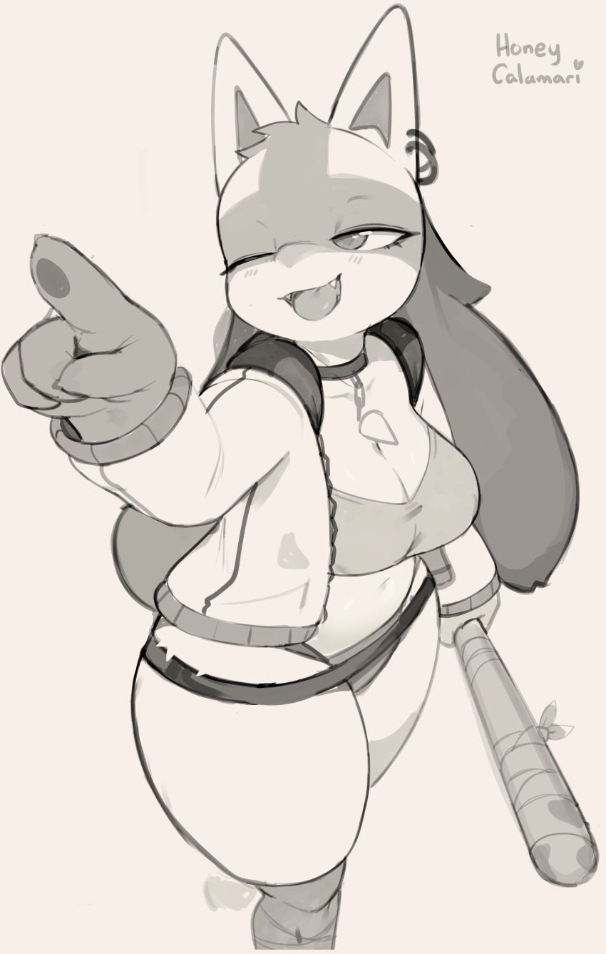 2023 anthro barely_clothed baseball_bat bat_(object) big_breasts bra breasts clothed clothing cute_fangs ear_piercing ear_ring fangs female_anthro fur honeycalamari jacket lucario medium_breasts monochrome nintendo one_eye_closed open_mouth open_smile panties pokemon pokemon_(species) smile solo teeth thick_thighs tongue tongue_out wide_hips wink