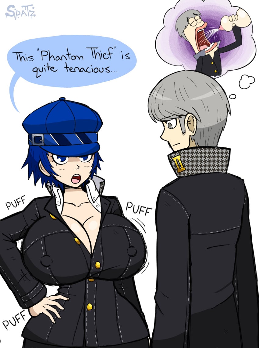 1boy 1girls alternate_breast_size atlus big_breasts blue_eyes blue_hair breasts casual cleavage clothing english_text female female_focus funny hat headwear highres huge_breasts human humor imagining lactation large_breasts male megami_tensei meme narukami_yu open_mouth pale-skinned_female pale-skinned_male pale_skin persona persona_4 school_uniform shirogane_naoto silver_eyes silver_hair sinnerspatz spongebob_reference text thought_bubble tomboy yu_nurukami