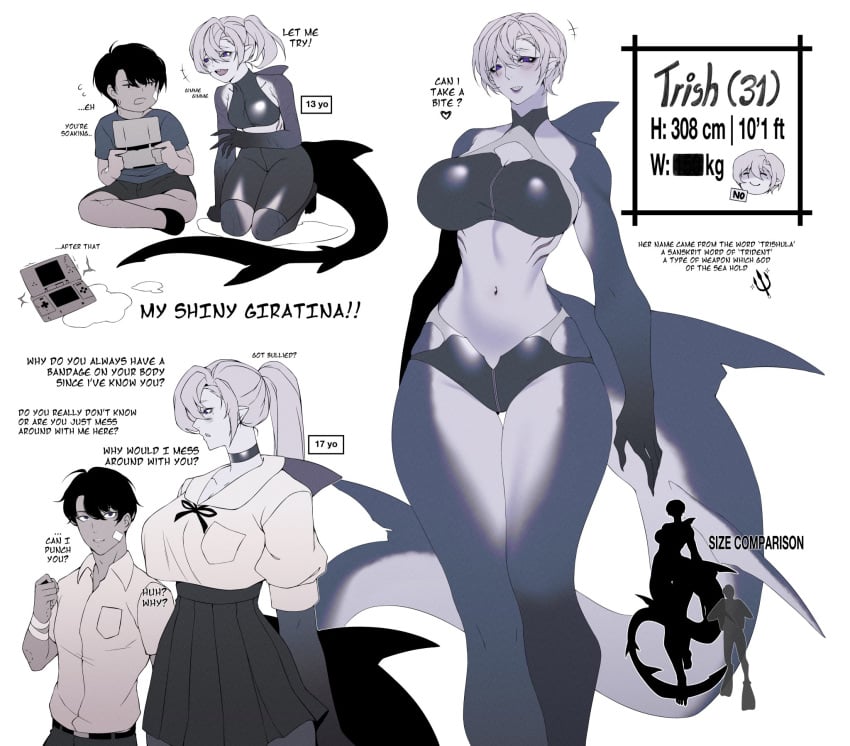 1boy1girl 1girls 2023 2d big_breasts black_hair blush breasts cero_rains clothed clothed_female ear_piercing english_text female female_focus gills grey_skin holding_head larger_female legs looking_at_viewer male monster monster_girl navel original peace_sign pointy_ears purple_eyes selfie shark shark_fin shark_girl shark_tail sharp_teeth short_hair size_difference skimpy smaller_male smile tail taller_girl text thighs toned toned_female white_background white_hair