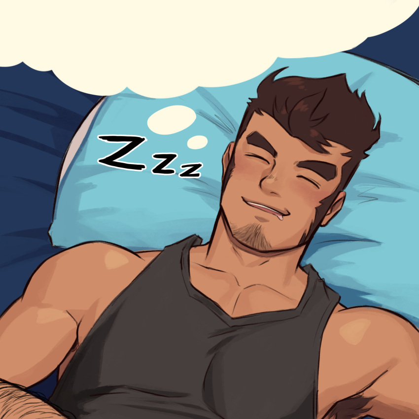 1boy 1male abs bara biceps blush clothing comic facial_hair gay gio_(helbram) hairy hairy_arms hi_res highres male male_focus male_only muscular muscular_male sleeping solo solo_male twitter_user_oc whyhelbram