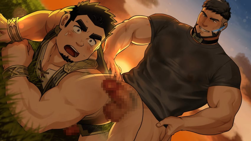 2boys anal ass bara beard belt black_belt black_gloves black_hair black_shirt bottomless bulge censored cloud crave_saga erection erection_under_clothes facial_hair gloves goatee large_pectorals male_focus mosaic_censoring multiple_boys muscular muscular_male official_art outdoors pectorals penis protagonist_(crave_saga) sex sex_from_behind shirt short_hair sidecut sky sunset yaoi