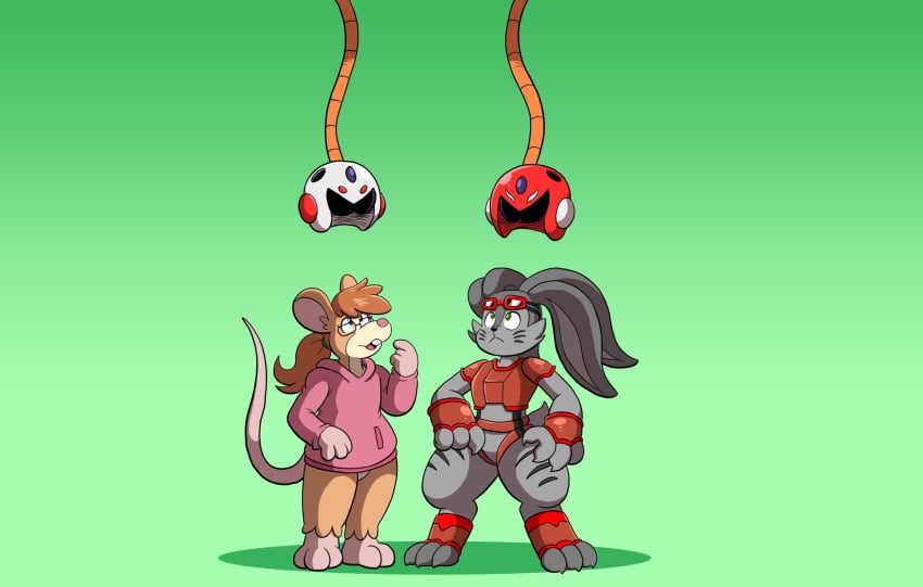 2girls anthro helmet mouse_ears mouse_girl mouse_tail pre-transformation prinnydood rabbit_ears rabbit_girl transformation