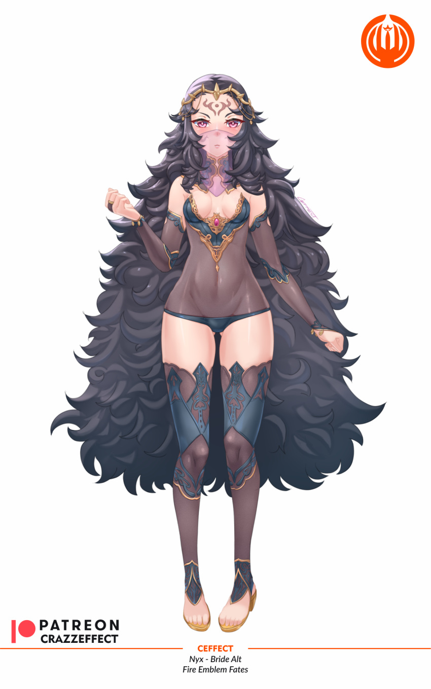 1girls ass_visible_through_thighs bare_thighs black_hair blue_panties breasts bride cleavage crazzeffect detached_sleeves facial_mark female female_only fire_emblem fire_emblem_fates frown full_body high_heels long_hair looking_at_viewer mouth_veil nintendo nyx_(fire_emblem) panties pink_eyes revealing_clothes see-through sideboob small_breasts solo standing thighhighs thighs underwear veil very_long_hair white_background