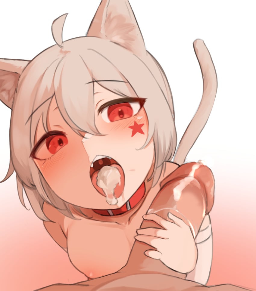 after_fellatio cat_ears cat_tail cum cum_in_mouth cum_on_tongue daebom fellatio looking_at_viewer m18_hellcat open_mouth oral pov red_collar red_eyes red_star tagme tongue war_thunder white_hair
