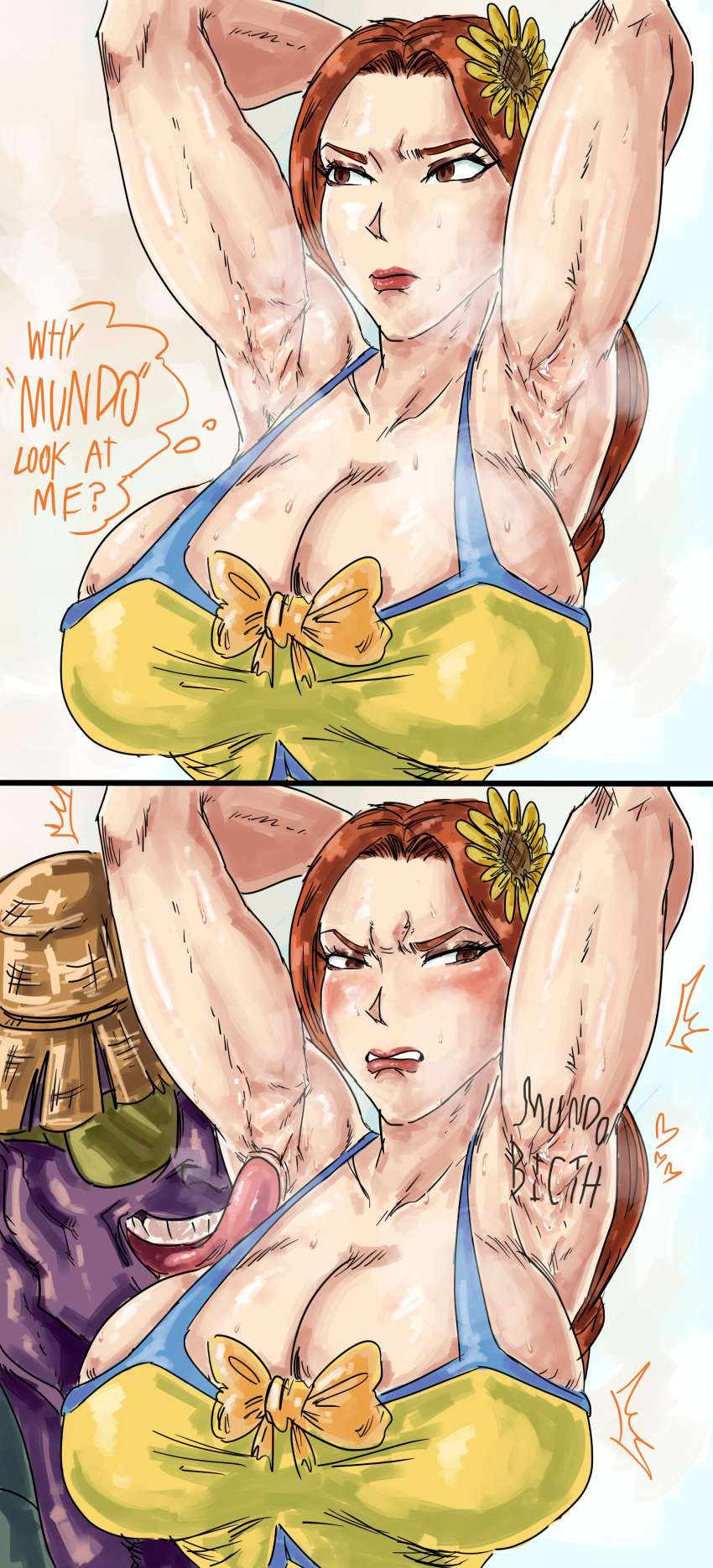 1boy 1girls angry armpit_fetish armpit_licking armpits arms_up badlandblack big_breasts body_writing breasts duo female large_breasts league_of_legends leona_(league_of_legends) licking lipstick makeup male male/female mundo_(league_of_legends) orange_hair pool_party_leona pool_party_mundo pool_party_series rape sunglasses sweat sweaty swimsuit tongue