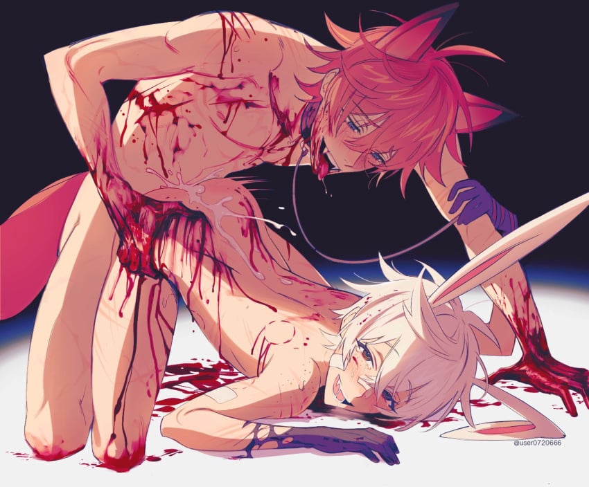 2boys anal animal_ears bandaid bandaid_on_face bandaid_on_nose bennett_(genshin_impact) bite_mark blood blood_on_hands blood_splatter blue_eyes blush collar cum ejaculation english_commentary femboy femboy_focus femboy_on_femboy femboy_only femboydom femboysub feminine feminine_body feminine_male feminine_pose fox_boy fox_ears fox_tail genshin_impact girly gore guro hair_between_eyes injury kneeling leash looking_at_viewer male male_focus male_only men multiple_boys oerba_yun_fang rabbit_boy rabbit_ears ropi_(gmkr_66) sex simple_background tagme tail tartaglia_(genshin_impact) top-down_bottom-up torn_clothes twitter_username white_hair yaoi