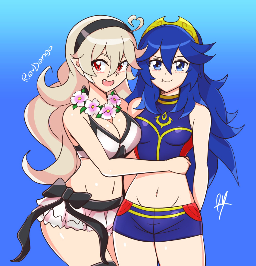 2girls alluring alternate_costume better_version_at_source bikini blue_bikini blue_eyes blue_hair blue_swimsuit brown_hair cleavage corrin_(fire_emblem) corrin_(fire_emblem)_(female) fire_emblem fire_emblem_awakening fire_emblem_cipher fire_emblem_fates fire_emblem_heroes lucina_(fire_emblem) nintendo official_alternate_costume raydango red_eyes white_bikini white_swimsuit