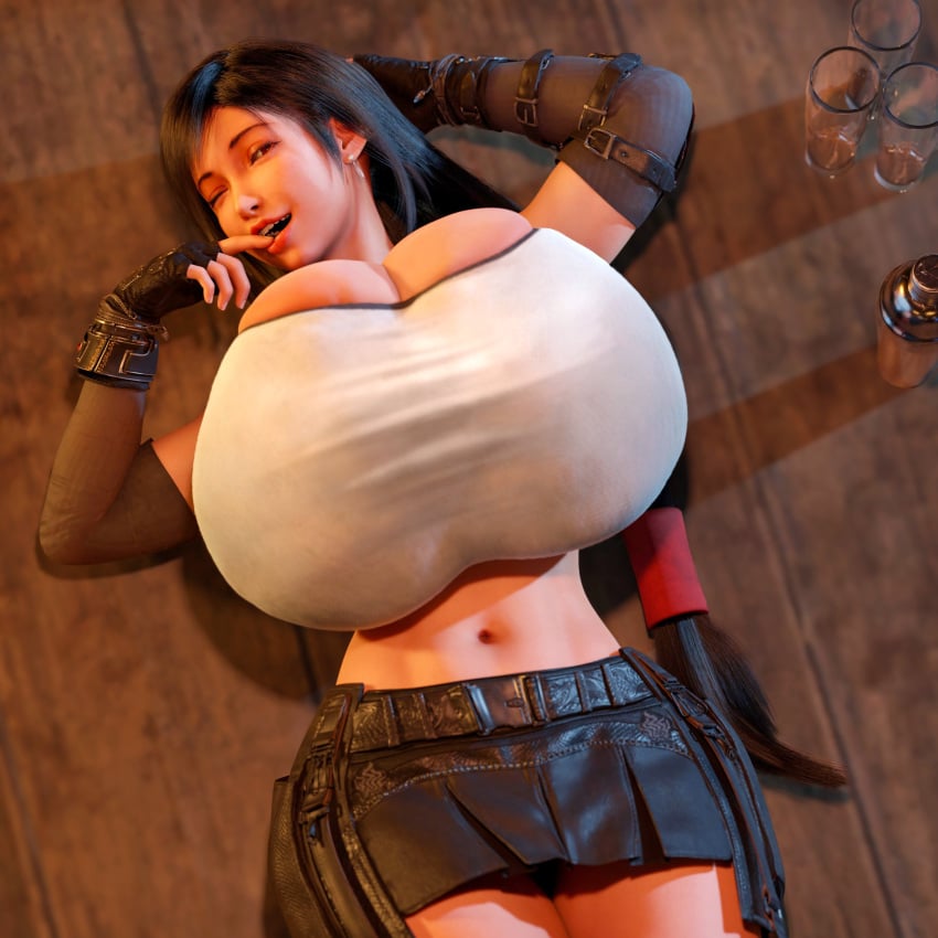 1girls 3d alternate_breast_size black_hair black_skirt bursting_breasts cleavage_overflow dangle_earrings elbow_gloves final_fantasy final_fantasy_vii final_fantasy_vii_remake finger_to_mouth flirting huge_breasts long_hair low-tied_long_hair lying on_back one_eye_closed open_mouth red_eyes solo superbig suspender_skirt suspenders suspenders_gap tank_top tifa_lockhart tight_clothing white_tank_top wink