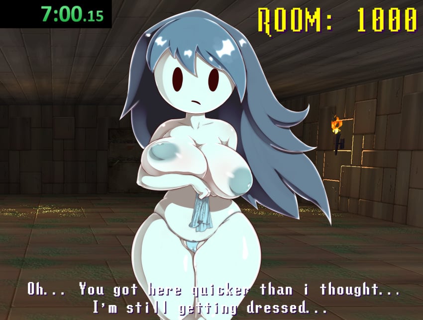 big_breasts blue_hair blue_skin breasts dakagite dialogue ghost half_naked kategida mob_face panties pov sequence solo speedrun spooky spooky's_house_of_jump_scares spooky_(shojs) surprised uncovered_breast