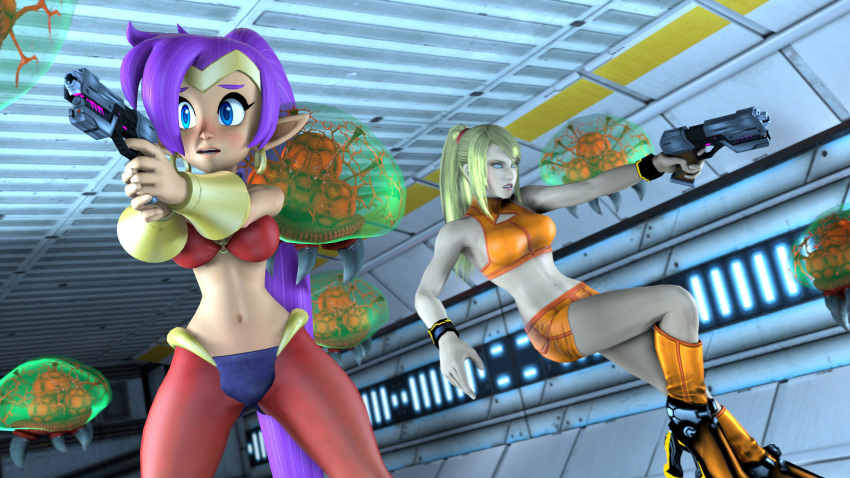 2girls 3d 3d_(artwork) blue_eyes boots breasts casual_outfit_(metroid) crossover duo earrings eastern_and_western_character female female_only legoguy9875 light-skinned_female light_skin metroid midriff nintendo open_mouth orange_shorts orange_sports_bra platinum_blonde_hair pointy_ears ponytail purple_hair samus_aran shantae shantae_(character) shorts sports_bra tagme tied_hair wayforward