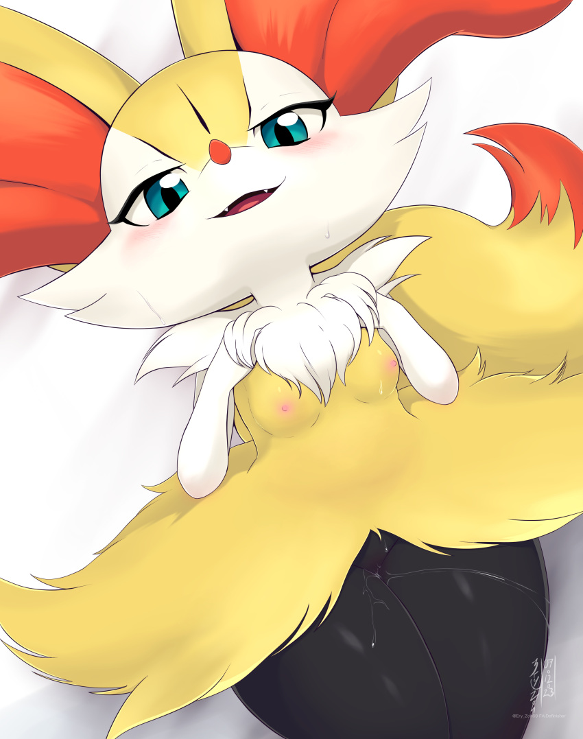 absurdres alternate_eye_color animal_ear_fluff animal_ears anthro artist_name bed_sheet black_fur blue_eyes blush body_fur braixen breasts commentary completely_nude cowboy_shot dated dutch_angle english_commentary eryz fangs female fox_ears fox_girl fox_tail from_above furaffinity_username furry furry_female half-closed_eyes hands_on_own_chest hands_up happy highres looking_at_viewer lying multicolored_fur neck_fur nipples nude on_back open_mouth pokémon_(species) pokemon pokemon_(species) pussy pussy_juice shiny_skin signature simple_background small_breasts smile solo sweat tail thick_thighs thighs twitter_username uncensored white_background white_fur wide_hips yellow_fur