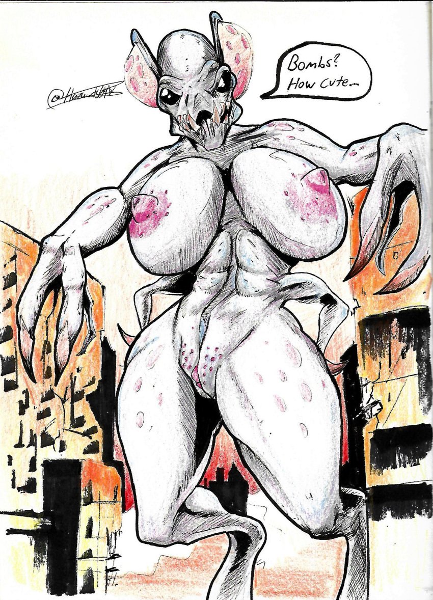 alien anthro big_breasts black_eyes breasts claws cloverfield cloverfield_monster fangs female genitals hazarts hi_res huge_breasts looking_at_viewer membrane_(anatomy) monster nipples pussy solo teeth