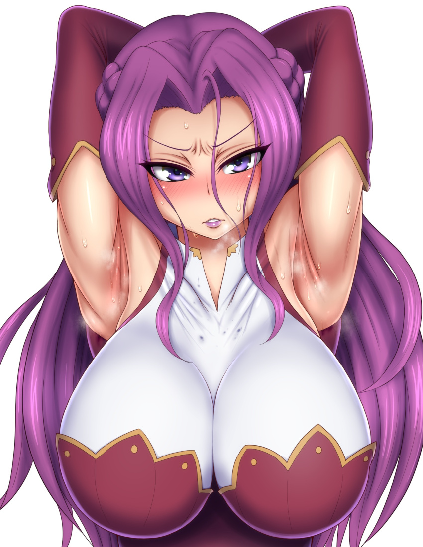 1girls armpit_fetish armpits arms_up code_geass cornelia_li_britannia female huge_breasts ponpo ponponmaru purple_eyes purple_hair smell smell_fetish smelly_armpits solo tagme upper_body