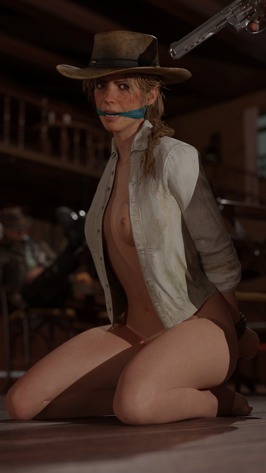 3d arms_behind_back bandit blonde_hair bondage bound bounty_hunter cleave_gag cowboy_hat cowgirl gag gagged half_naked hat kidnapped kneeling nude red_dead_redemption_(series) red_dead_redemption_2 restrained rindekey rope rope_bondage sadie_adler saloon tied tied_hair tied_hands tied_up unbuttoned unbuttoned_shirt video_games wild_west