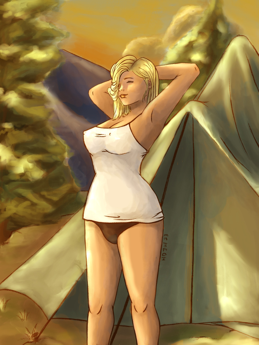 1girls armpits blonde_hair bottomless camisole camping camping_tent clothed commission eyes_closed forest_background grand_theft_auto grand_theft_auto_online grand_theft_auto_v horrificdgn nipples_visible_through_clothing nopixel outdoors panties pokies stretching trees