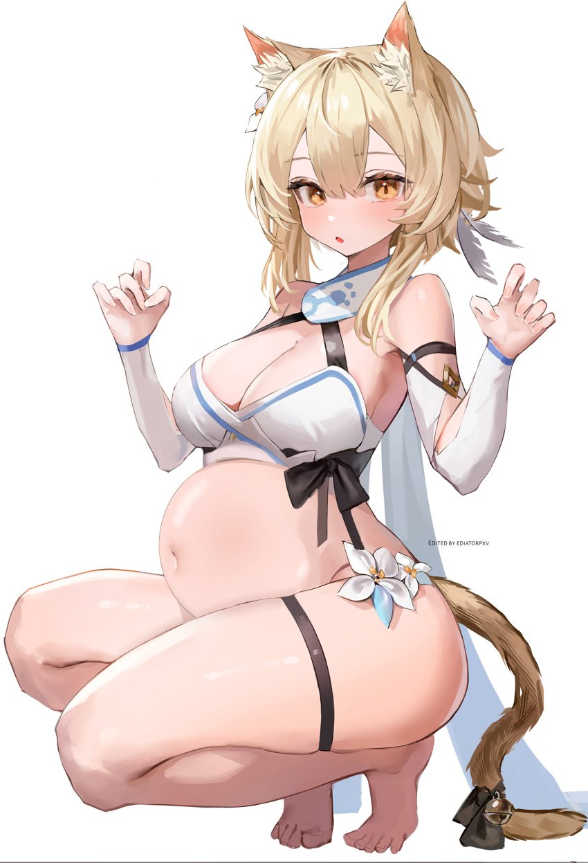 1girls big_belly blonde_hair breasts cat_ears cat_tail curvy curvy_female curvy_figure ediatorpxv female female_focus female_only flower genshin_impact looking_at_viewer lumine_(genshin_impact) open_mouth pregnant ribbon shiny_hair shiny_skin squatting tail thick_thighs thighs topwear yellow_eyes