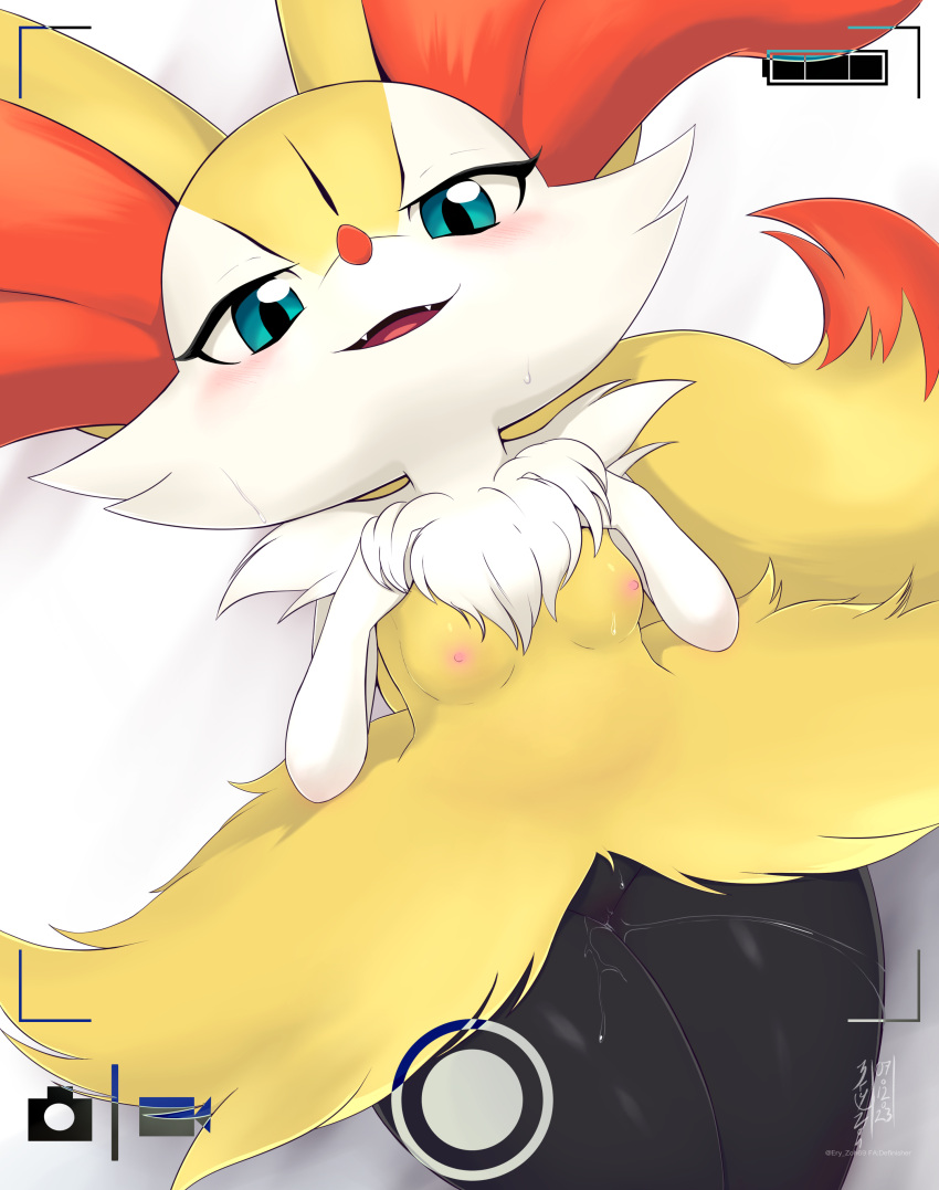 absurdres alternate_eye_color animal_ear_fluff animal_ears anthro artist_name battery_indicator bed_sheet black_fur blue_eyes blush body_fur braixen breasts commentary completely_nude cowboy_shot dated dutch_angle english_commentary eryz fangs female fox_ears fox_girl fox_tail from_above furaffinity_username furry furry_female half-closed_eyes hands_on_own_chest hands_up happy highres looking_at_viewer lying multicolored_fur neck_fur nipples nude on_back open_mouth pokémon_(species) pokemon pokemon_(species) pussy pussy_juice shiny_skin signature simple_background small_breasts smile solo sweat tail thick_thighs thighs twitter_username uncensored viewfinder white_background white_fur wide_hips yellow_fur