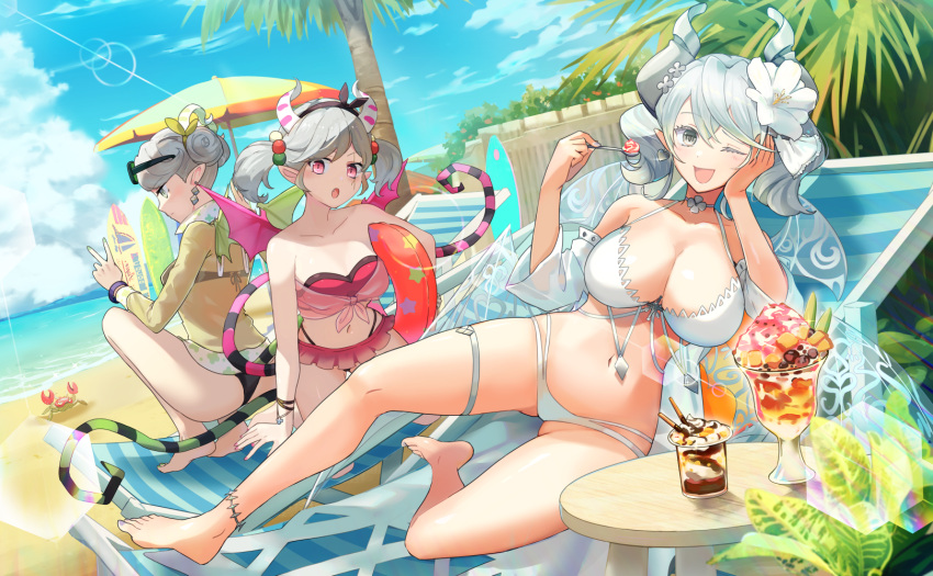 3girls ariane_the_labrynth_servant arianna_the_labrynth_servant beach bikini collar crab demon demon_girl duel_monster earrings female female_only hair_accessory hi_res horn hsin huge_breasts ice_cream labrynth_of_the_silver_castle lovely_labrynth_of_the_silver_castle lying peace_sign pink_eyes pointy_ears silver_eyes silver_hair smile tail two_piece_swimsuit white_bikini wings wink yu-gi-oh!