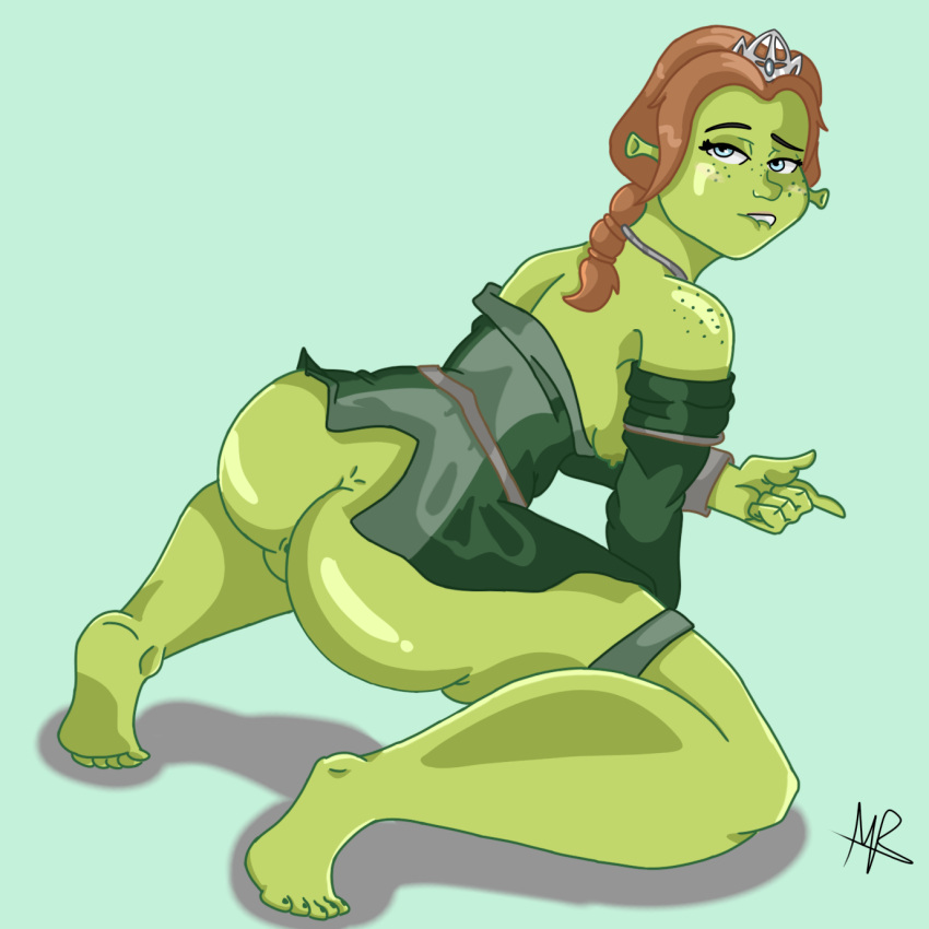 1girls alexurds anus artist_request artist_signature ass big_ass biting_own_lip braided_hair braided_ponytail breasts dreamworks female female_only freckles freckles_on_shoulders green_skin looking_at_viewer looking_back nipples ogre ogress_fiona princess_fiona princess_fiona_(ogre) shrek_(series) simple_background solo tagme_(artist) tiara