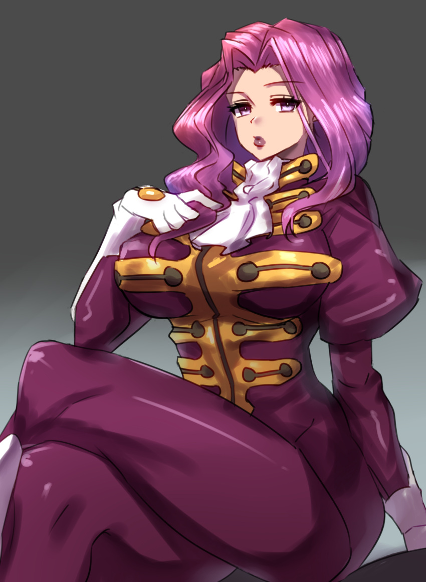 1girls 2023 2d adult adult_female antagonist big_breasts clothed_female code_geass cornelia_li_britannia curvy curvy_figure female female_only fully_clothed gloves human human_female human_only large_breasts legs_crossed legs_together light-skinned_female light_skin looking_at_viewer matching_hair/eyes medium_hair military_uniform no_sex professional_clothes purple_eyes purple_hair quanero royal royalty silver_background sitting solo solo_female straight_hair thick_thighs thighs tight_clothing voluptuous voluptuous_female